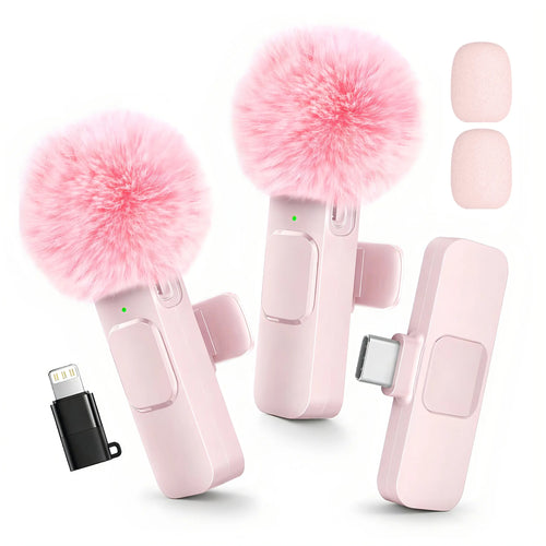 HITOZON Wireless Lavalier Microphone with Noise Reduction - Plug-and-Play Portable USB-C Lapel Mic for iPhone 15/16/17, iPad, Android Smartphones, Camera Audio Recording - Mini Wireless Microphone Phone Accessories for Vlog, YouTube clip-on microphone - Color: Pink | 2 Miccrophones | Lightning Adapter