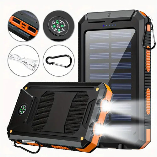 10000mAh Portable Solar Charger Power Bank with LED Flashlight - Dual USB-A Output, Waterproof Outdoor Emergency Supply
