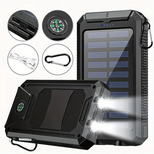 10000mAh Portable Solar Charger Power Bank with LED Flashlight - Dual USB-A Output, Waterproof Outdoor Emergency Supply - color: Black