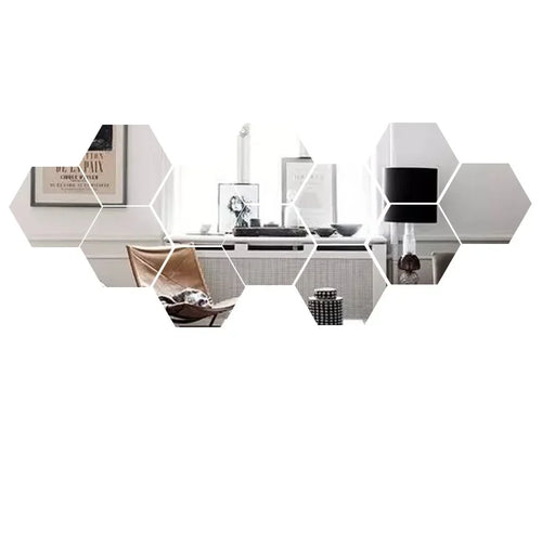 12Pcs 3D Hexagon Acrylic Mirror Wall Stickers DIY Art Wall Decor Sticker Home Decor Living Room Mirrored Mural adesivo de parede - Color: 12PCS Silver, Size: S 80x70x40mm